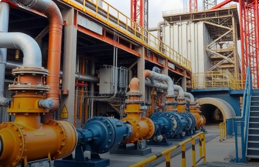 Instalação industrial com bombas, válvulas e escadas